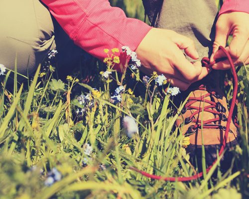 woman hiker tying shoelace on grassland grass