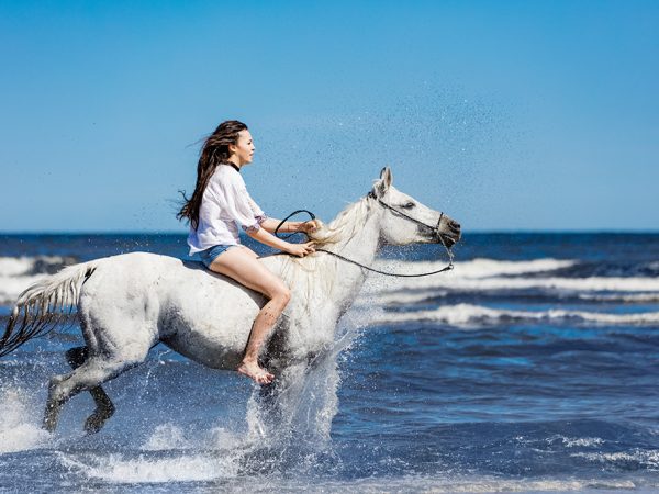 Young girl riding on the white horse through the ocean. Summer. Horseriding on a seashore.